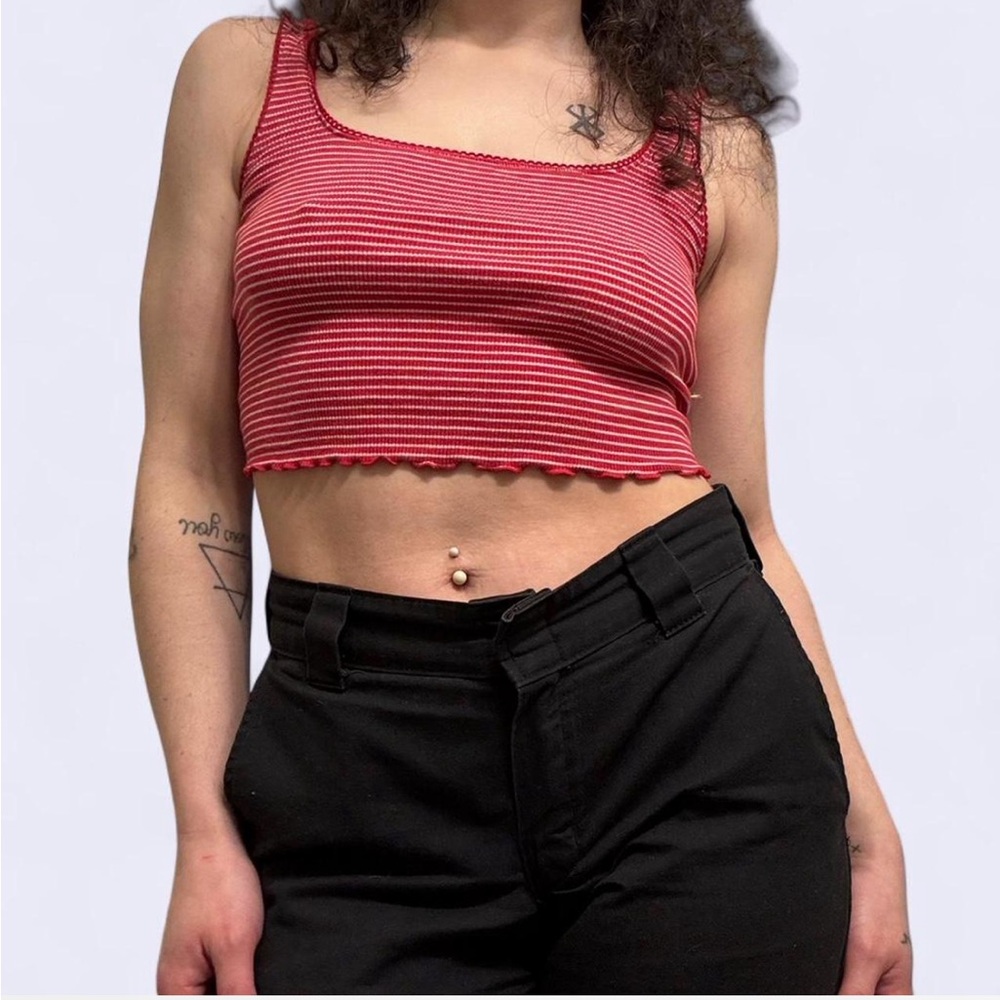 Forever 21 Striped Lettuce Edge Crop Top - Red/White M